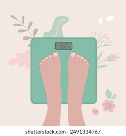 Woman standing on weight scales. Concept of diet and obesity. Keep healthy lifestyle. Fat control. female legs on floor scales. Weight watcher. Problem of excess weight. flat vector illustration