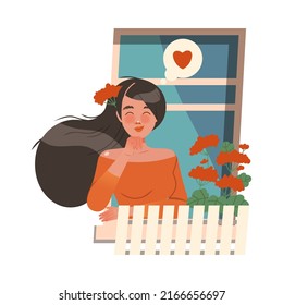 Woman Standing in Open Window Talking to Neighbor Vector Illustration