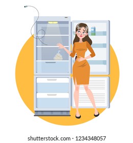 Woman standing at opened empty fridge. Sad hungry adult without food. Vector illustration in cartoon style
