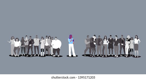 woman standing out from crowd businesspeople silhouettes different individuality leadership concept colorful female cartoon character full length sketch doodle horizontal vector illustration