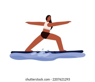 Mujer parada en una imagen plana vectorial de paddle yoga asana aislada en fondo blanco. Paddle yoga fitness y material deportivo emblema o logo de diseño.