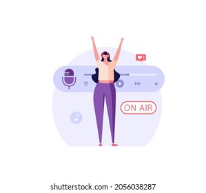 Mujer parada con teléfono eligiendo o escuchando podcasts en aplicación móvil. Podcast de audio. Concepto de podcasts en línea, programa de radio en línea, ícono de micrófono. Ilustración vectorial para diseño web