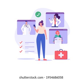 Mujer parada con un teléfono en la mano y consultando con diferentes doctores. Concepto de medicina en línea, diagnóstico en línea, médico personal, atención médica. Ilustración vectorial en diseño plano