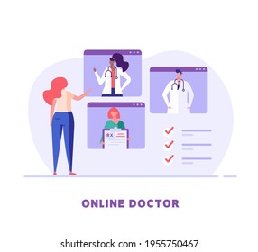 Woman standing with a phone in her hand and choosing with different doctors. Concept of online medicine, online diagnosis, personal doctor, health care. Vector illustration in flat design