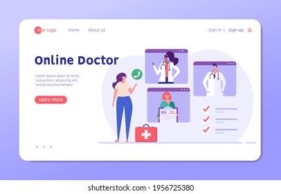 Woman standing with a phone in her hand and consulting with different doctors. Concept of online medicine, online diagnosis, personal doctor, health care. Vector illustration in flat design