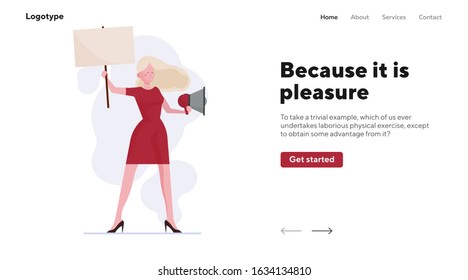 Woman standing with placard and megaphone outdoors. Activist, protester, picket flat vector illustration. Announcement, promotion, protest concept for banner, website design or landing web page