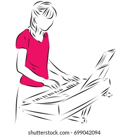 A woman is standing and playing the synthesizer. Color vector illustration on music, playing a musical instrument.