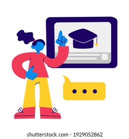 Woman standing and pointing, ok gesture, gesture finger up. Concept: online education, internet study, distance course. Monitor with graduation university, college hat, cap on screen. Education vector