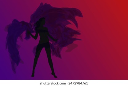 woman in a standing pose holding a cloth with a red and purple gradient background