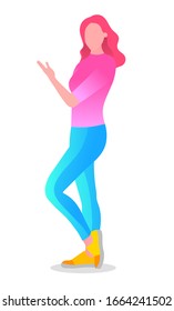 Woman standing in pose pointing aside or talking. Isolated female character design, young girl or teenage. Businesswoman gesturing or modeling. Successful lady vector in flat style illustration