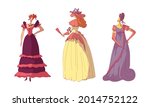 Woman in Standing Pose Wearing Old-fashioned Dress or Ball Gown Vector Set