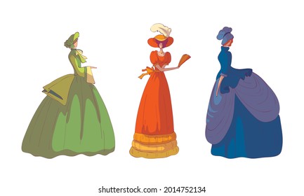 Woman in Standing Pose Wearing Old-fashioned Dress or Ball Gown Vector Set