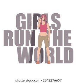 Woman standing in pose of winner. Sport girl illustration. Young woman wearing workout clothes. Feminist slogan, phrase or motivation quote on backdrop. Gorl power