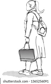 The woman in standing position is about to leave bringing her bag and wearing a backpack