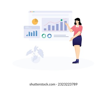 a woman is standing and presenting about her growing and successful business and marketing graphic data
flat design,vector illustration