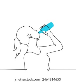 woman standing in profile and drinking from a plastic bottle - one line art vector. thirst quenching concept. Handmade vector not AI 