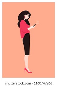 A woman is standing in profile. The girl is holding a phone. Vector Flat Illustration