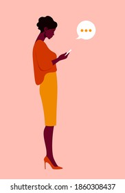 A woman is standing in profile and holding a smartphone. Figure of person in a full-length. Vector flat Illustration