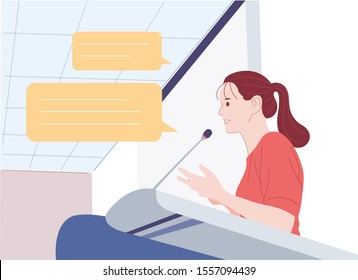 A woman is standing at the pulpit and giving a speech. hand drawn style vector design illustrations. 