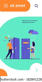 Woman standing in rain and thunderstorm at close door. Man coming by open door with festive confetti. Vector illustration for gender inequality, business discrimination, social issues concept