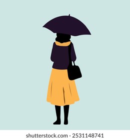 A woman is standing in the rain with an umbrella. She is wearing a black jacket and a yellow skirt. She is holding a black purse. Concept of solitude and melancholy, as the woman is alone in the rain