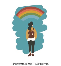 Woman Standing and Rainbow Illustration, Hand Drawn Clip Art, Vector Illustration EPS 10.