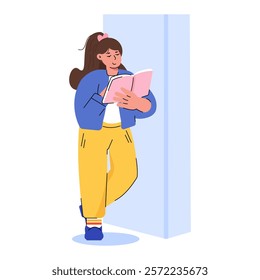 A woman is standing and reading a book while leaning against a wall. Vector characters on a white background.