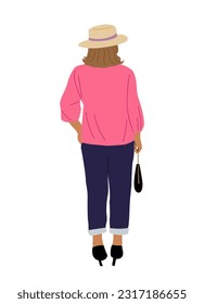 Woman standing rear view. Businesswoman in casual clothes and hat with bag from behind, turned back. Cartoon female Character backside. Vector realistic illustration isolated on white background