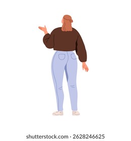 Woman standing, rear view. Female character from behind, gesturing with hand, talking and speaking. Girl in casual outfit, turned back posture. Flat vector illustration isolated on white background