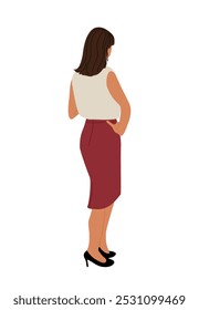 Mulher De Pé Na Visão Traseira. Personagem feminina bonita vestindo casual, roupas de escritório virado para trás. Ilustração vetorial colorida isolada em fundo branco.