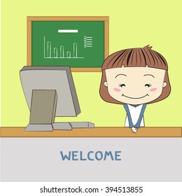 woman standing at the reception with computer