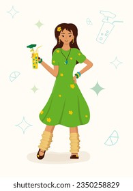 Woman standing with refreshing drink Vector illustration. Tanned girl in green dress holds lemonade in hand. Beverage, soda bought in cafe or takeaway. Young woman wants to cool down in hot summer day