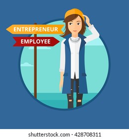 Woman standing at road sign with two career pathways. Woman choosing career pathway. Woman making a decision of her career pathway.Vector flat design illustration in the circle isolated on background.