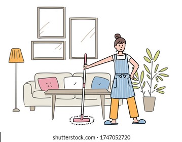 A woman is standing with a rod mop in her hand. Living room background. hand drawn style vector design illustrations. 