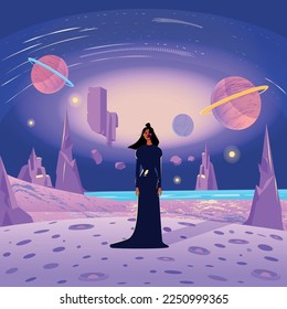 A woman is standing in the scenery of another planet. Rocks and mountains surround her. In the background, there are a few planets and stars.