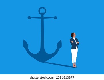 Woman standing with shadow anchor. No career path in work. Career burden. Hard work and struggle in business. Flat vector illustration