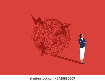 Woman standing with shadow chaos.  Stress to talk on stage, frightening to give speech to people. Vector illustration.