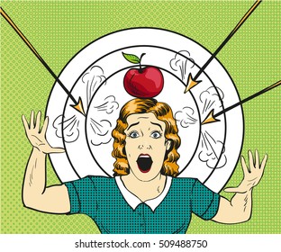 Woman standing at shooting mark with arrows and apple on her had. Woman screaming. Vector illustration in pop art retro comic style