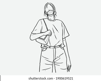 Woman standing shoulder bag. Wear a mask. New normal. Human character on white background. Hand drawn style vector design illustrations.