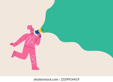 Woman standing and shouting in loudspeaker. Advertising and promotion concept. Colorful vector illustration
