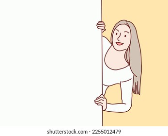 woman standing side behind the white blank banner simple korean style illustration
