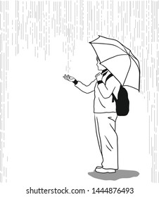 The woman is standing side ways and enjoying touching the raindrops while she is using an umbrella.
