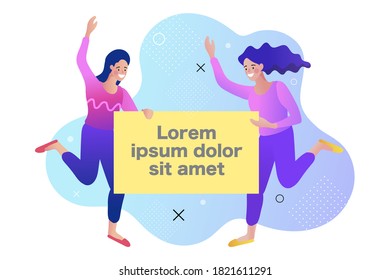 woman standing with a sign. Young women jumping Holding a blank card. flat vector illustration.