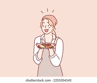  woman standing smiling holding dish health breakfast.  Hand drawn style vector design illustrations.