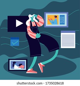 woman standing with social media icons vector illustration design