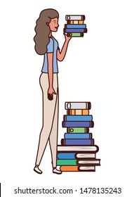 woman standing with stack of books on white background