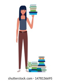 woman standing with stack of books on white background