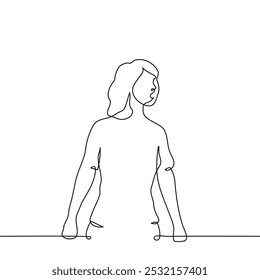 woman standing stunned with mouth open - one line art vector. concept emotion shock, paralysis, confusion, fear, curiosity. Handmade vector not AI