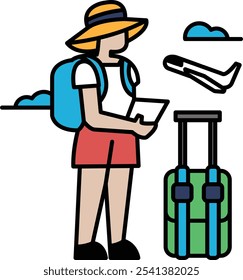 A woman is standing with a suitcase and a hat on. She is holding a piece of paper