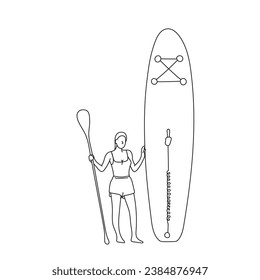 woman standing with sup board and paddle illustration vector hand drawn isolated on white background